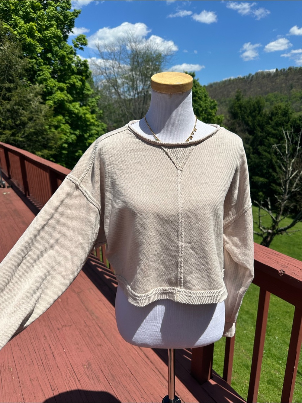 aerie Beige Cropped Waffle-Knit Sweatshirt - Picture 2 of 5